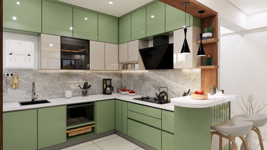 Modular kitchen with green cabinets