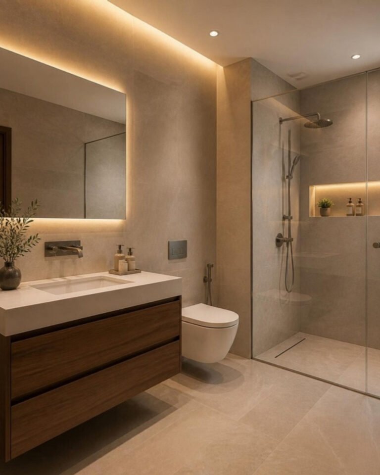 Bathroom with wall-hung vanity, backlit mirror and glass shower partition