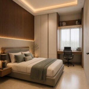 Contemporary Luxury 3BHK bedroom 2 with study desk interior design concept for a Bangalore apartment by ModScale Interiors