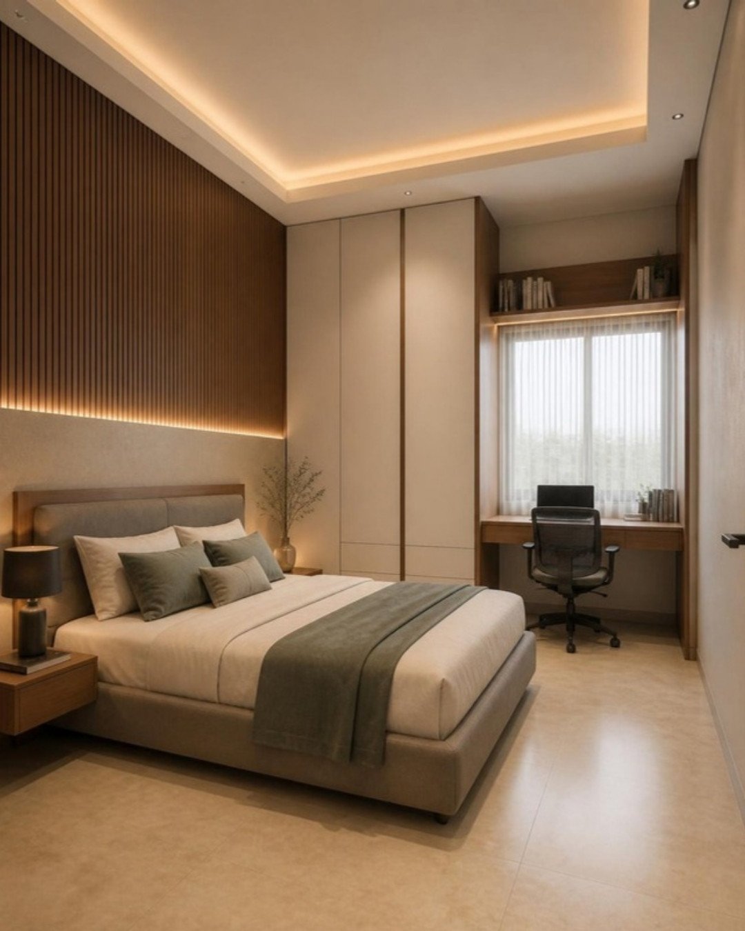 Contemporary Luxury 3BHK bedroom 2 with study desk interior design for a Bangalore apartment by ModScale Interiors