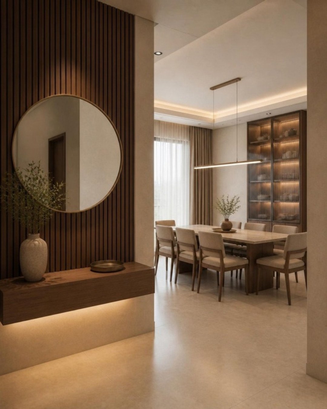 Contemporary Luxury 3BHK foyer and 6-seater dining interior design concept for a Bangalore apartment by ModScale Interiors