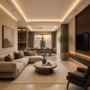 Contemporary Luxury 3BHK living and dining – signature view interior design concept for a Bangalore apartment by ModScale Interiors