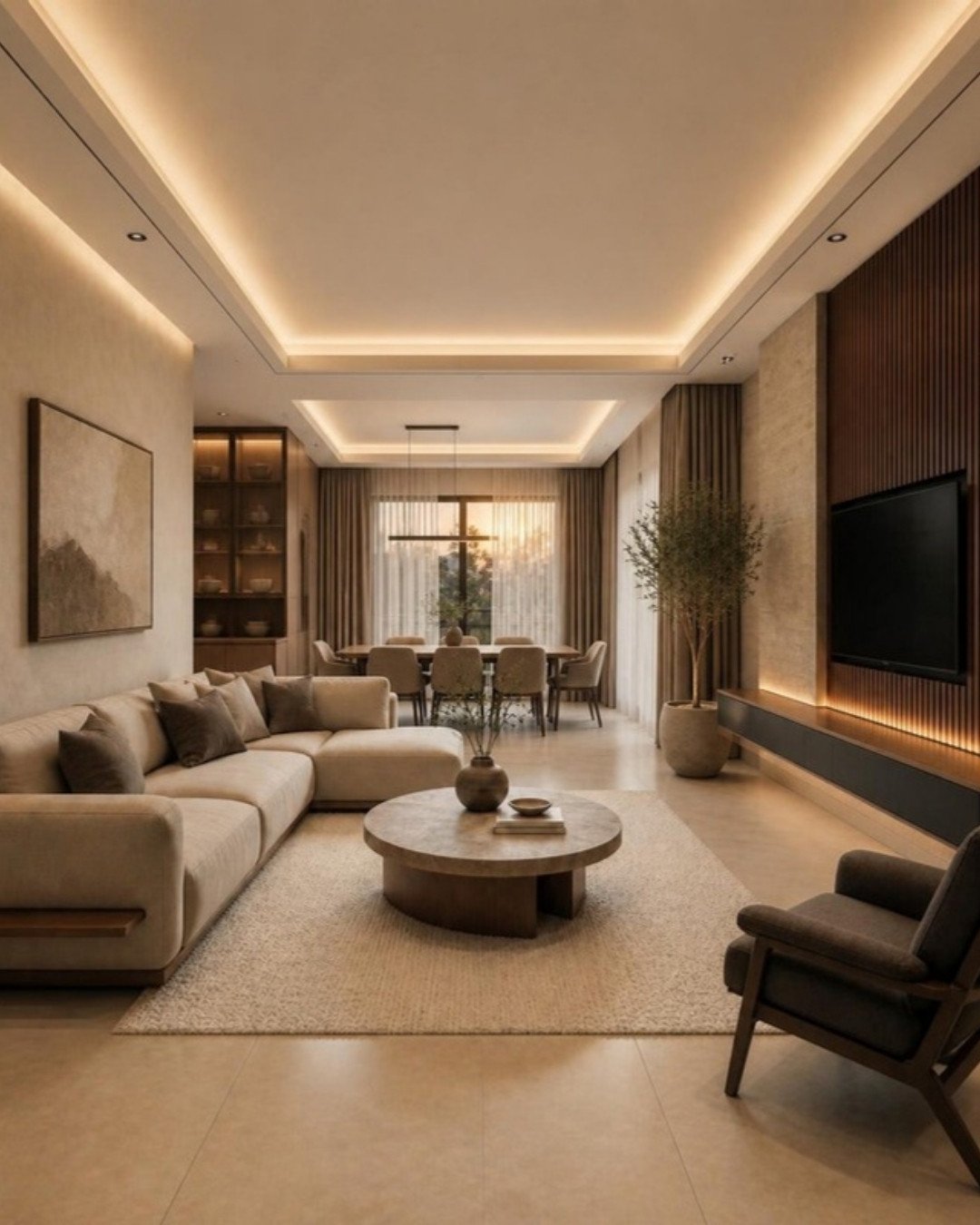 Contemporary Luxury 3BHK living and dining – signature view interior design concept for a Bangalore apartment by ModScale Interiors