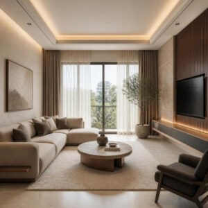 Contemporary Luxury 3BHK living room interior design concept for a Bangalore apartment by ModScale Interiors