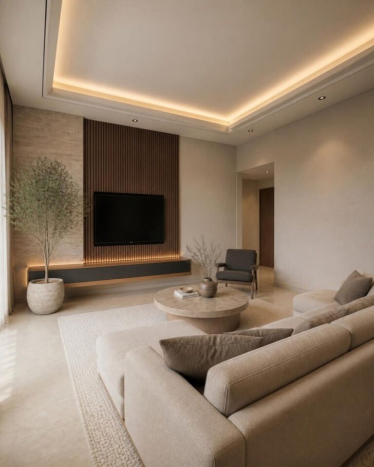 Living room with wood-slat TV wall, floating low unit and textured stone-finish wall