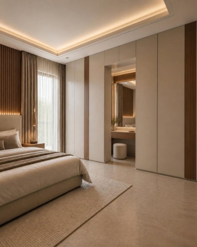 Warm neutral full-height wardrobe beside the bed in a master bedroom