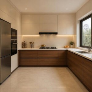 Contemporary Luxury 3BHK modular kitchen for indian cooking interior design concept for a Bangalore apartment by ModScale Interiors