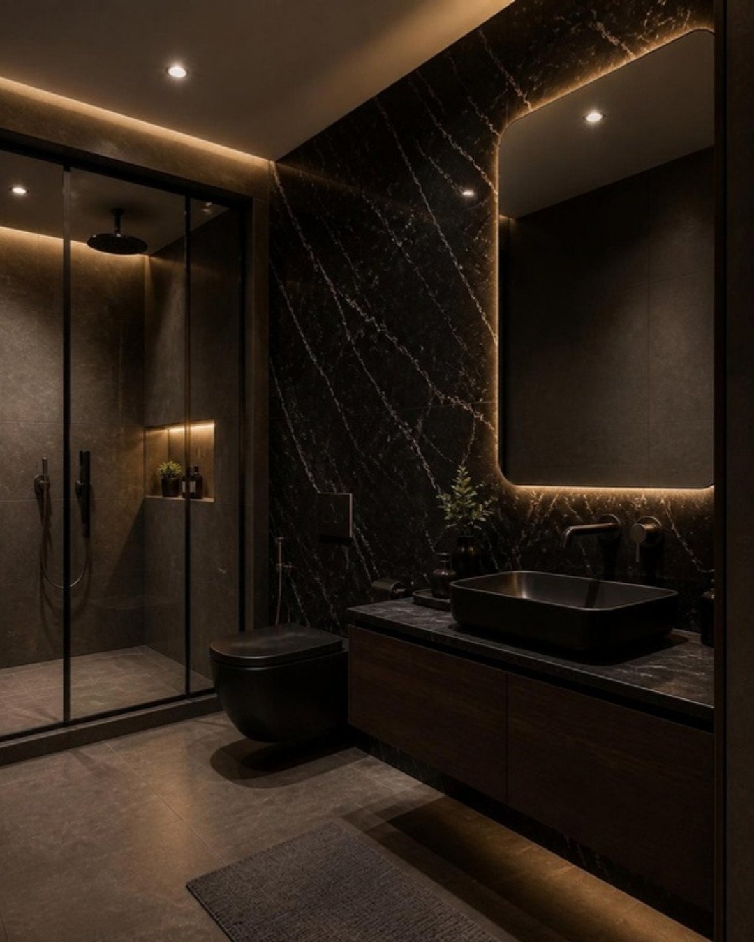 Dark Luxe 3BHK bathroom interior design concept for a Bangalore apartment by ModScale Interiors