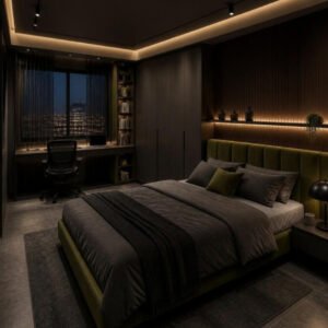 Dark Luxe 3BHK bedroom 2 with study desk interior design concept for a Bangalore apartment by ModScale Interiors