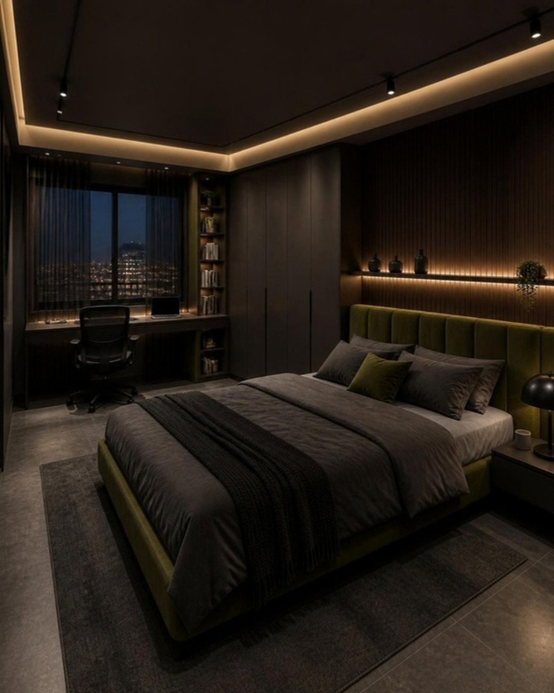 Dark Luxe 3BHK bedroom 2 with study desk interior design concept for a Bangalore apartment by ModScale Interiors