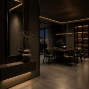 Dark Luxe 3BHK foyer and 6-seater dining interior design concept for a Bangalore apartment by ModScale Interiors