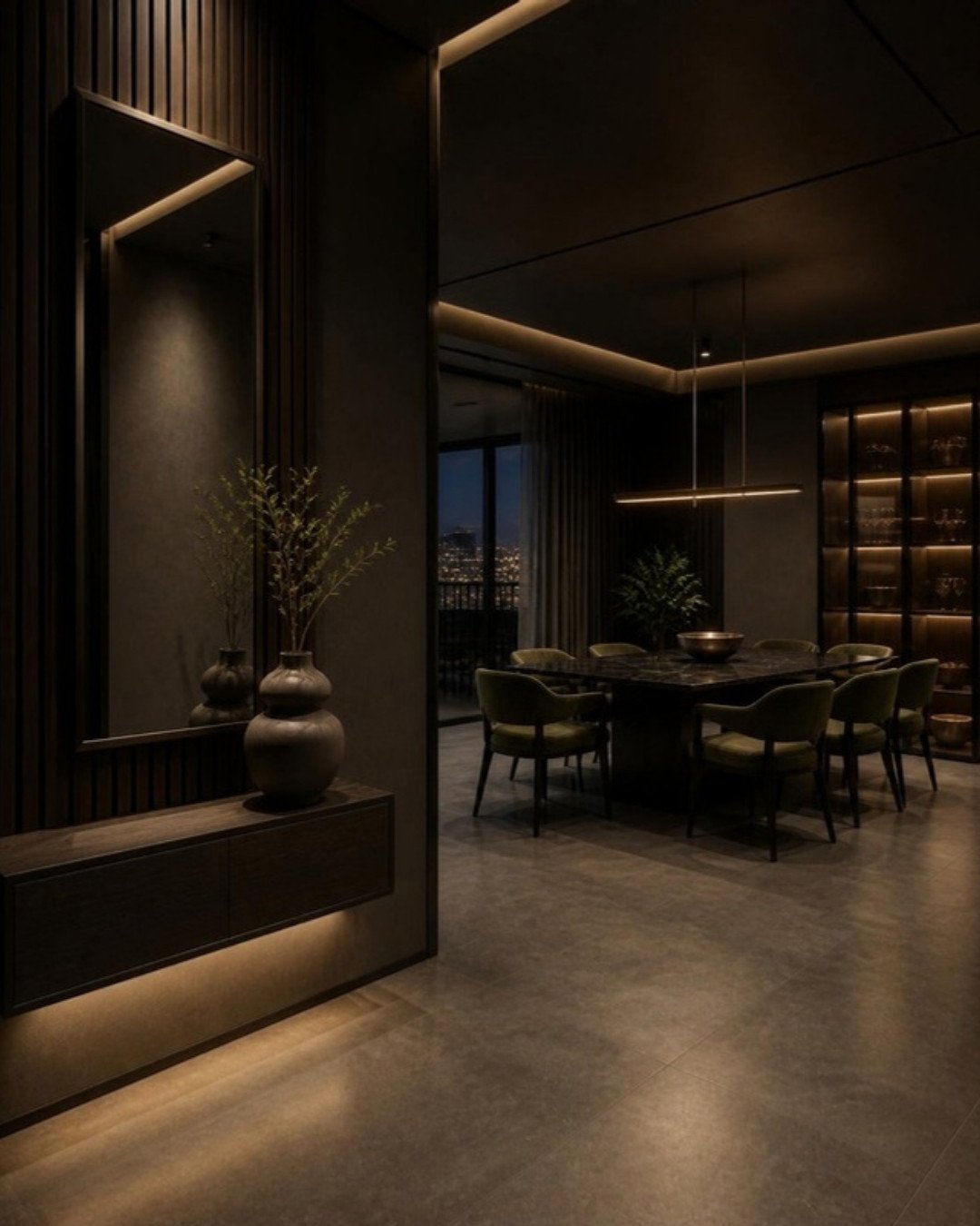Dark Luxe 3BHK foyer and 6-seater dining interior design concept for a Bangalore apartment by ModScale Interiors