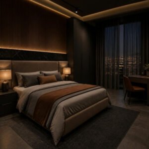 Dark Luxe 3BHK guest bedroom interior design concept for a Bangalore apartment by ModScale Interiors