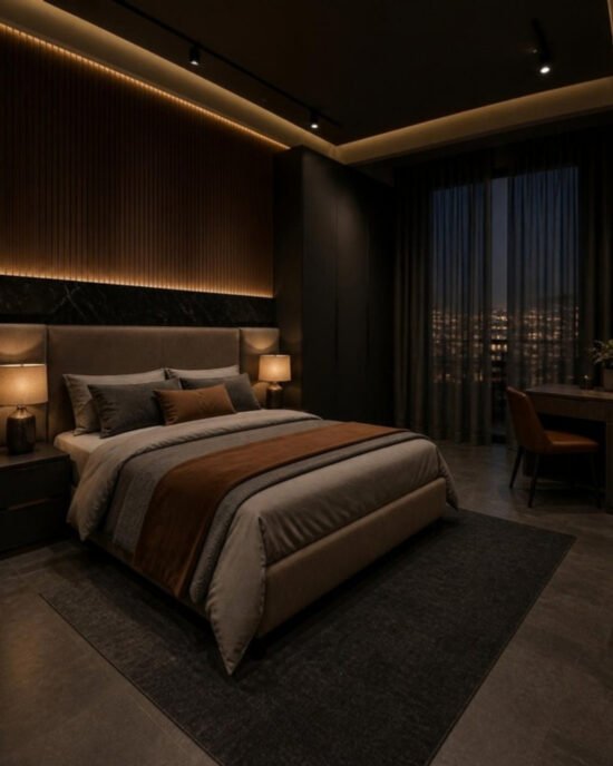 Dark Luxe 3BHK guest bedroom interior design concept for a Bangalore apartment by ModScale Interiors