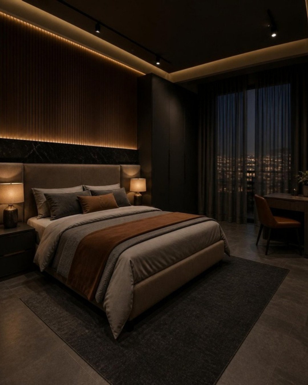 Dark Luxe 3BHK guest bedroom interior design concept for a Bangalore apartment by ModScale Interiors