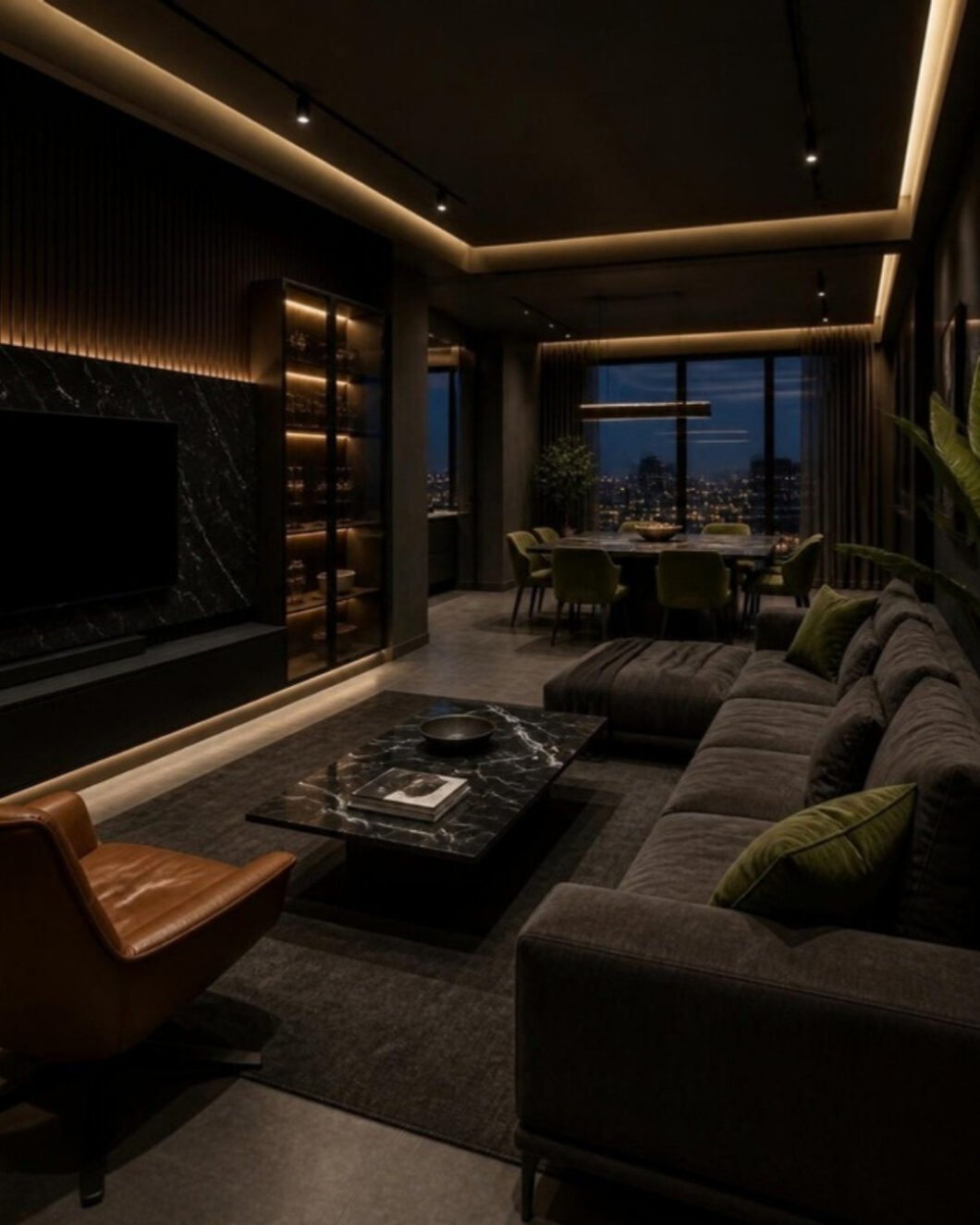 Dark Luxe 3BHK living and dining – signature view interior design concept for a Bangalore apartment by ModScale Interiors