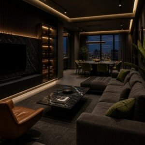 Dark Luxe 3BHK living and dining – signature view interior design concept for a Bangalore apartment by ModScale Interiors