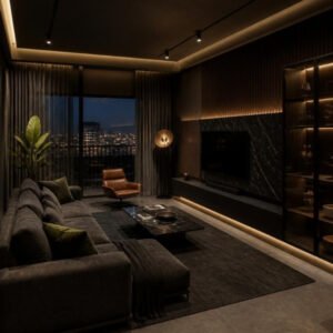 Dark Luxe 3BHK living room interior design concept for a Bangalore apartment by ModScale Interiors
