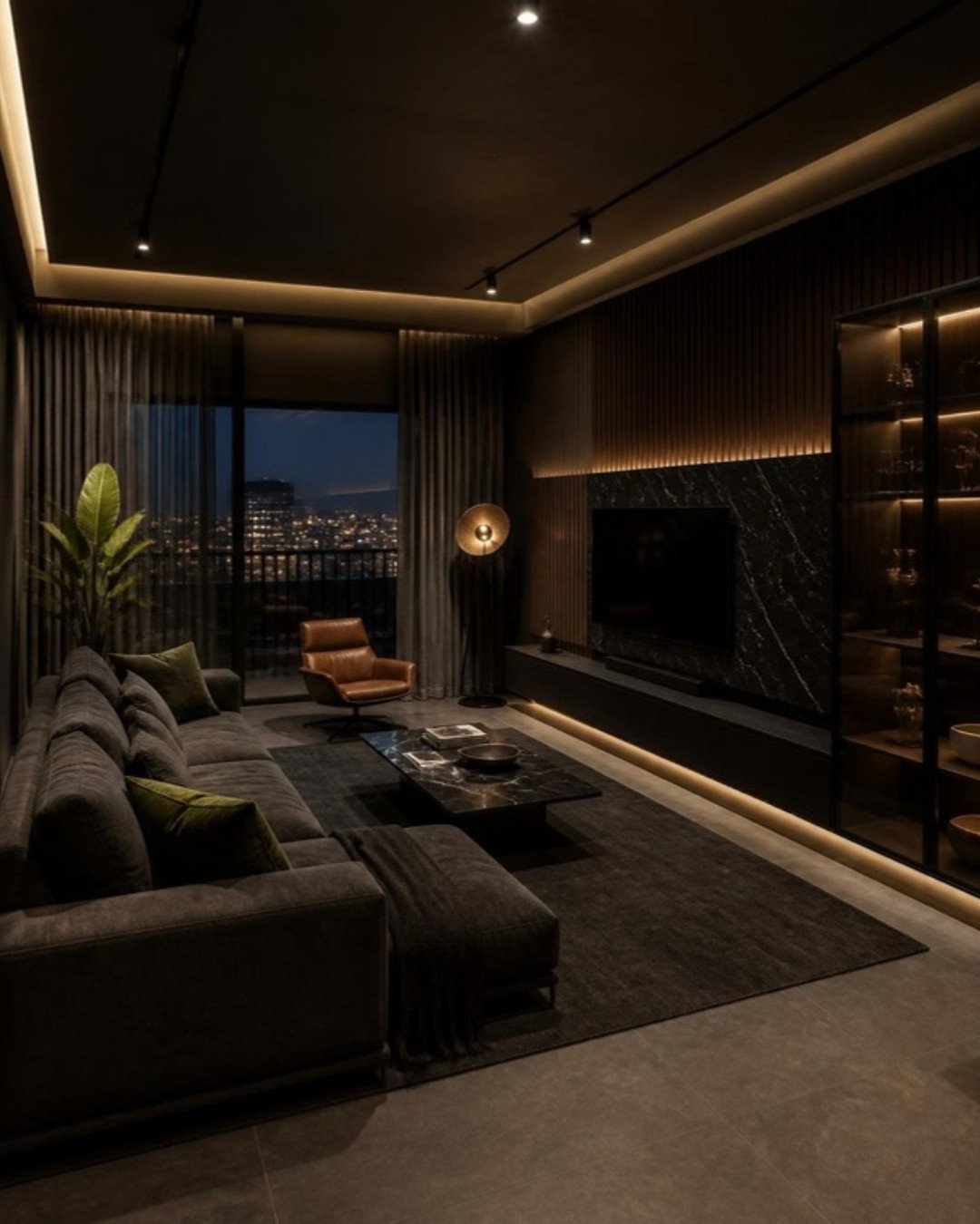 Dark Luxe 3BHK living room interior design concept for a Bangalore apartment by ModScale Interiors