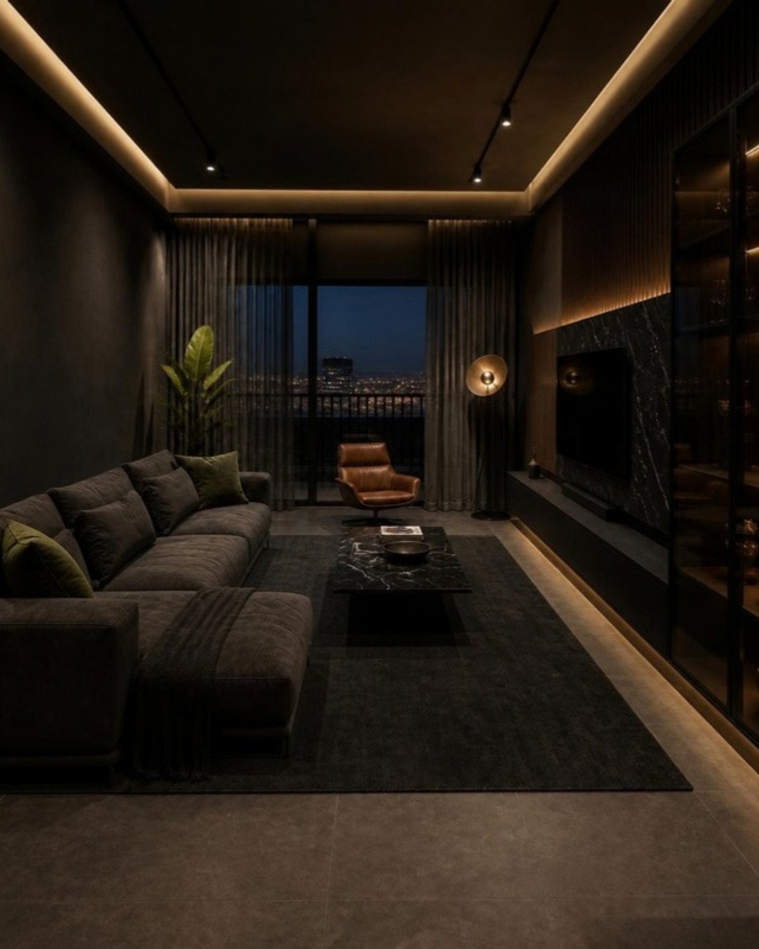 Dark Luxe 3BHK living room – second view interior design concept for a Bangalore apartment by ModScale Interiors