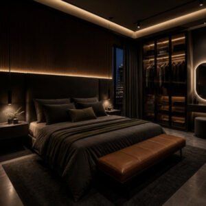 Dark Luxe 3BHK master bedroom interior design concept for a Bangalore apartment by ModScale Interiors
