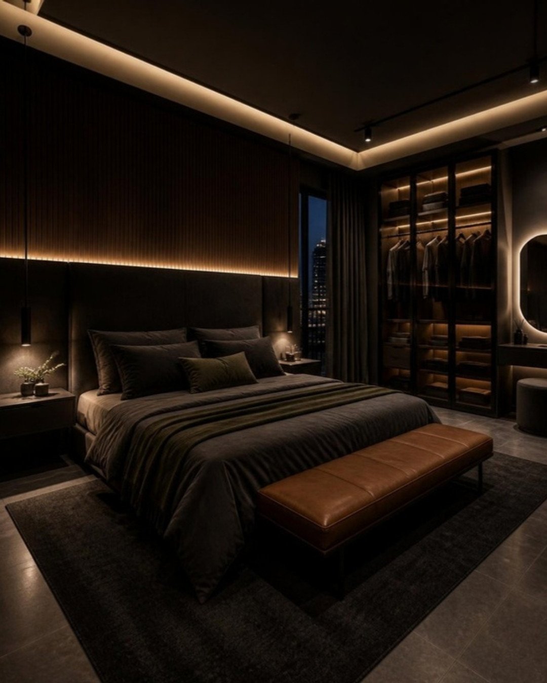 Dark Luxe 3BHK master bedroom interior design concept for a Bangalore apartment by ModScale Interiors