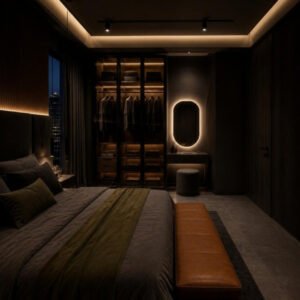 Dark Luxe 3BHK master wardrobe and dressing interior design concept for a Bangalore apartment by ModScale Interiors