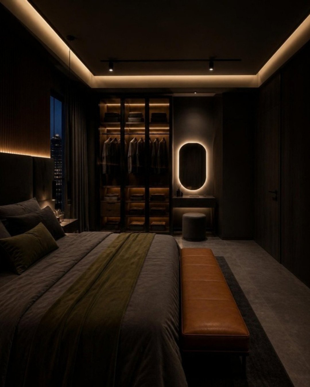 Dark Luxe 3BHK master wardrobe and dressing interior design concept for a Bangalore apartment by ModScale Interiors