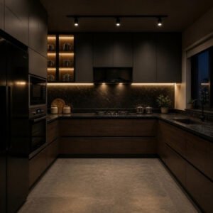 Dark Luxe 3BHK modular kitchen for indian cooking interior design concept for a Bangalore apartment by ModScale Interiors