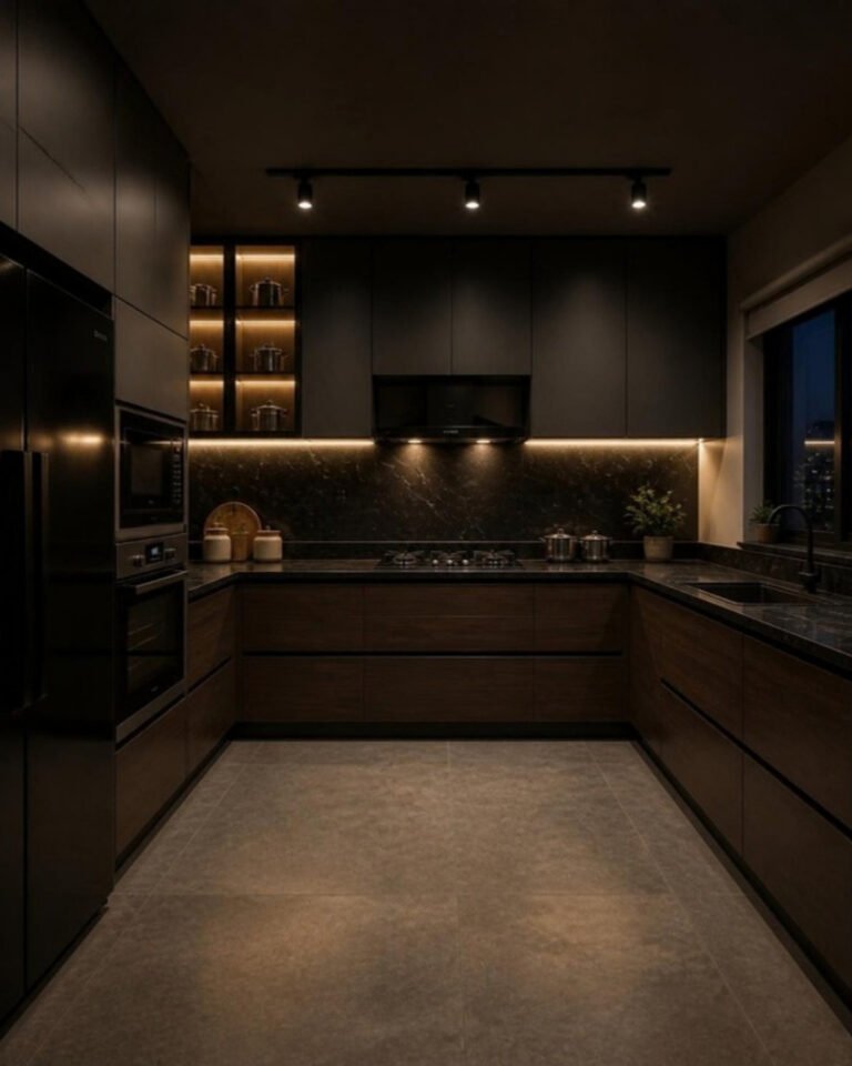 Dark matte modular kitchen with lit glass display cabinets