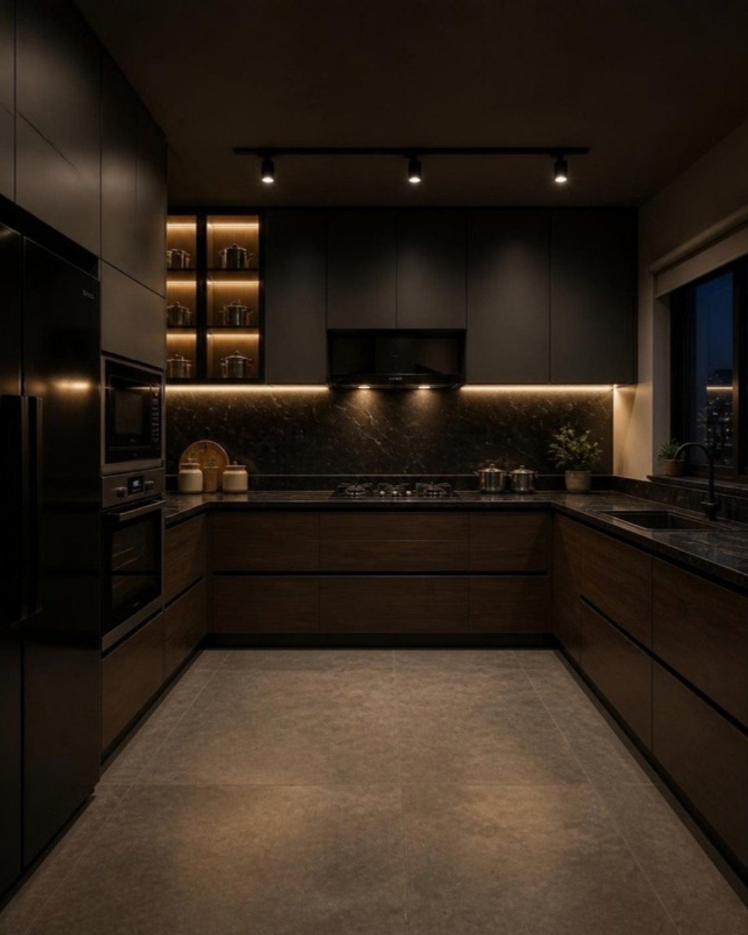 Dark Luxe 3BHK modular kitchen for indian cooking interior design concept for a Bangalore apartment by ModScale Interiors