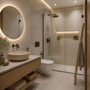 Japandi 3BHK bathroom interior design concept for a Bangalore apartment by ModScale Interiors