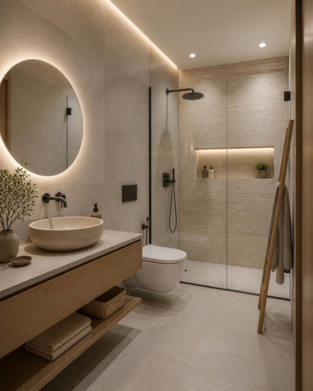 Japandi 3BHK bathroom interior design concept for a Bangalore apartment by ModScale Interiors