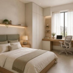 Japandi 3BHK bedroom 2 with study desk interior design concept for a Bangalore apartment by ModScale Interiors