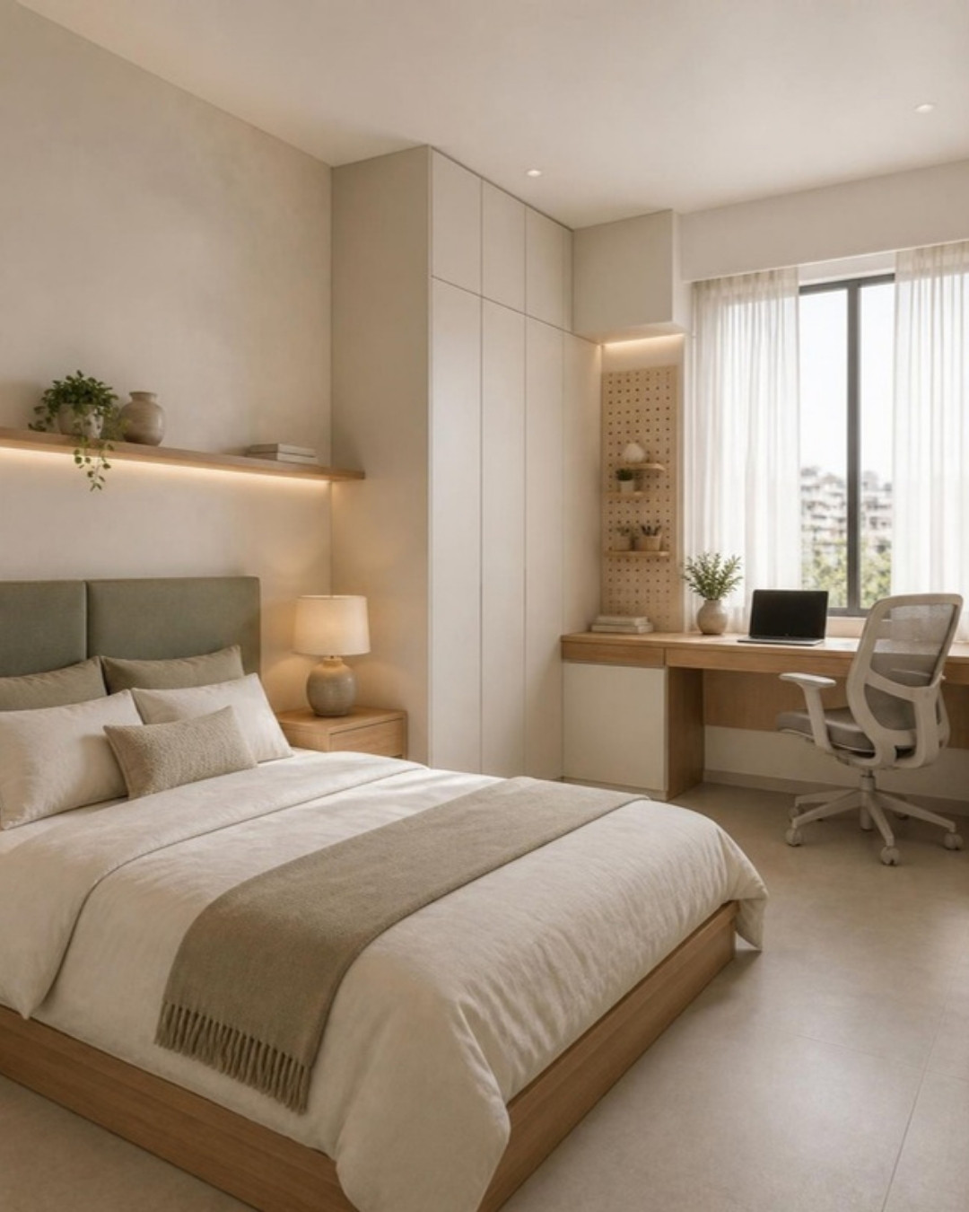 Japandi 3BHK bedroom 2 with study desk interior design concept for a Bangalore apartment by ModScale Interiors