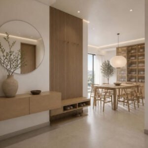 Japandi 3BHK foyer and 6-seater dining interior design concept for a Bangalore apartment by ModScale Interiors