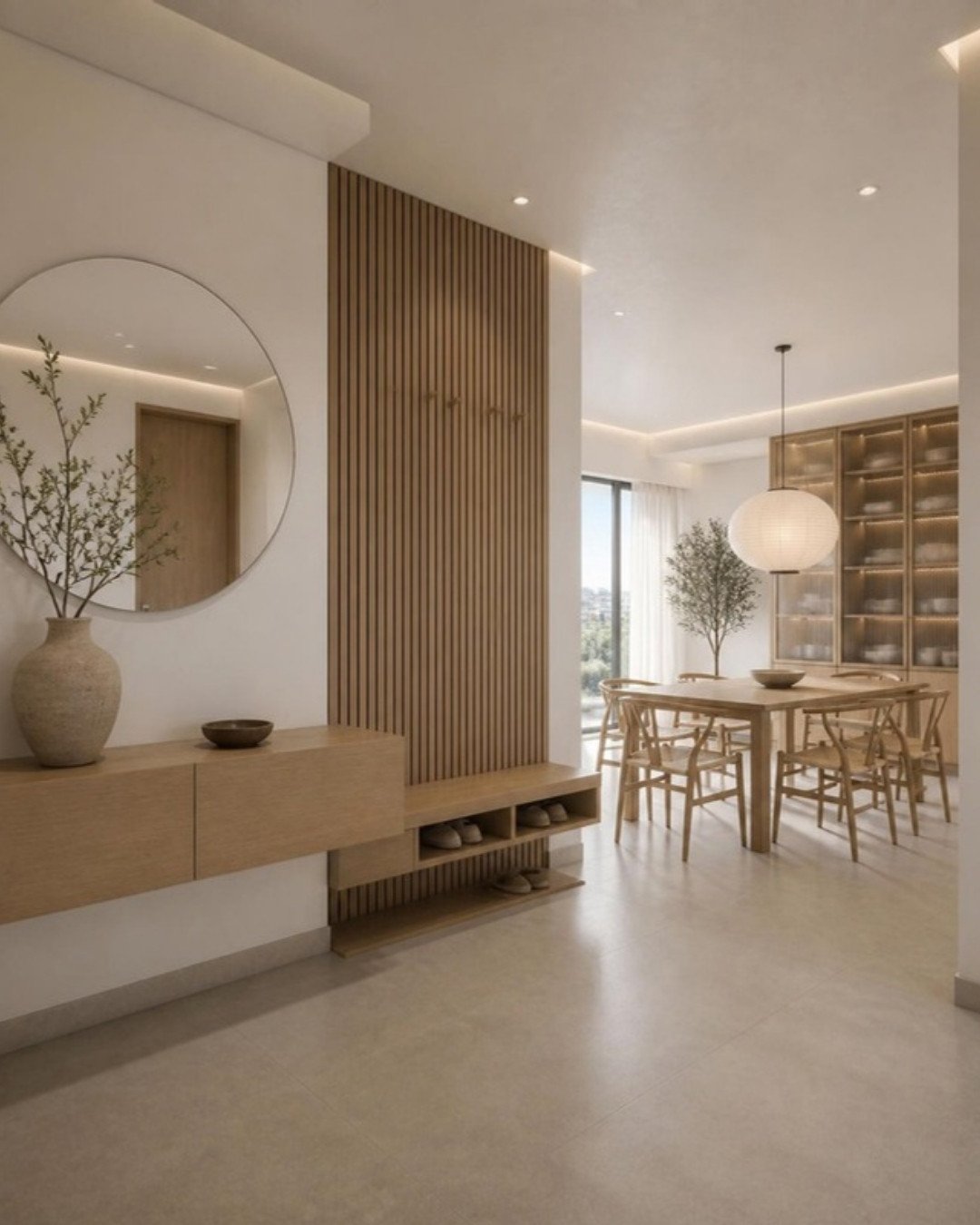 Japandi 3BHK foyer and 6-seater dining interior design concept for a Bangalore apartment by ModScale Interiors