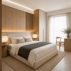 Japandi 3BHK guest bedroom interior design concept for a Bangalore apartment by ModScale Interiors