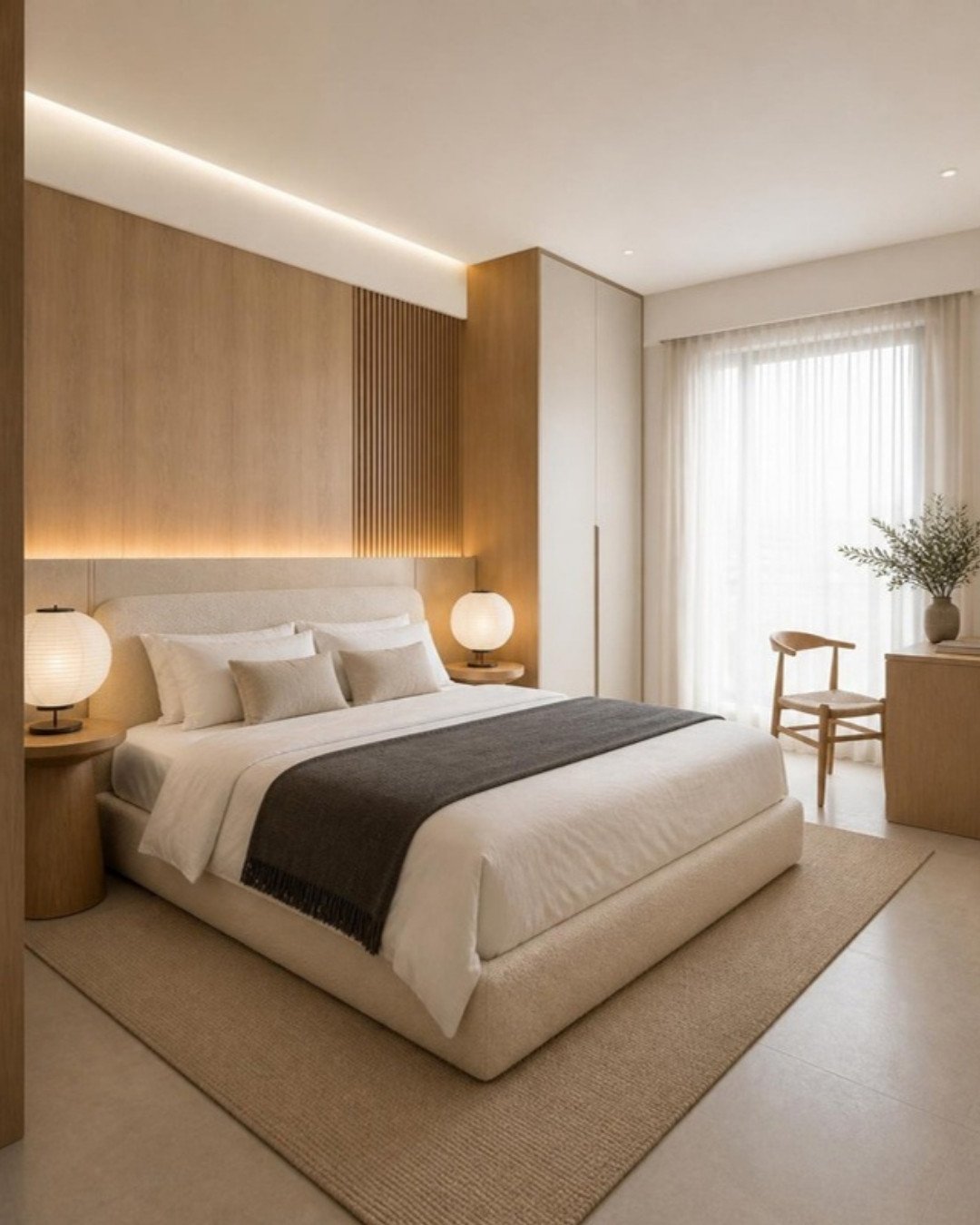 Japandi 3BHK guest bedroom interior design concept for a Bangalore apartment by ModScale Interiors