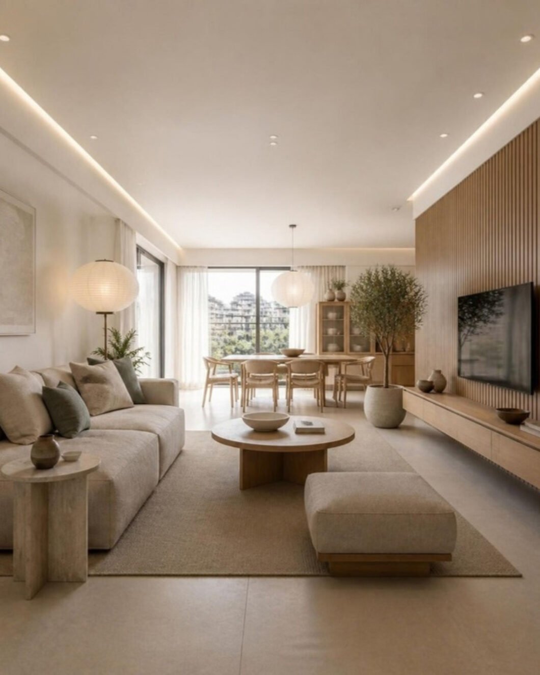 Japandi 3BHK living and dining – signature view interior design concept for a Bangalore apartment by ModScale Interiors
