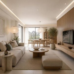 Japandi 3BHK living and dining – signature view interior design concept for a Bangalore apartment by ModScale Interiors