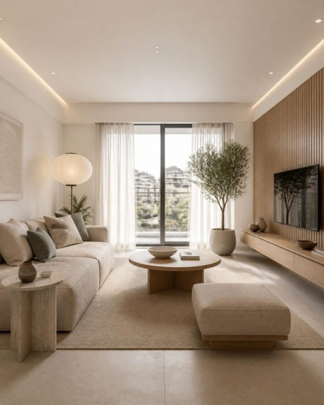 Japandi 3BHK living room interior design concept for a Bangalore apartment by ModScale Interiors