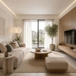 Japandi 3BHK living room interior design concept for a Bangalore apartment by ModScale Interiors