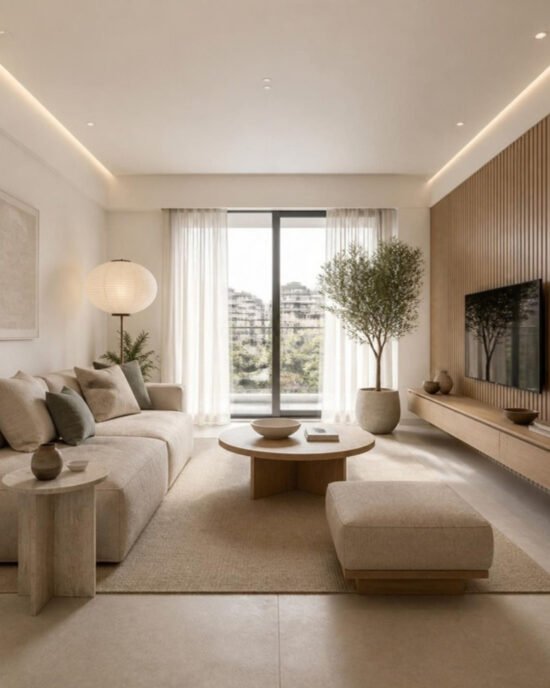 Japandi 3BHK living room interior design concept for a Bangalore apartment by ModScale Interiors