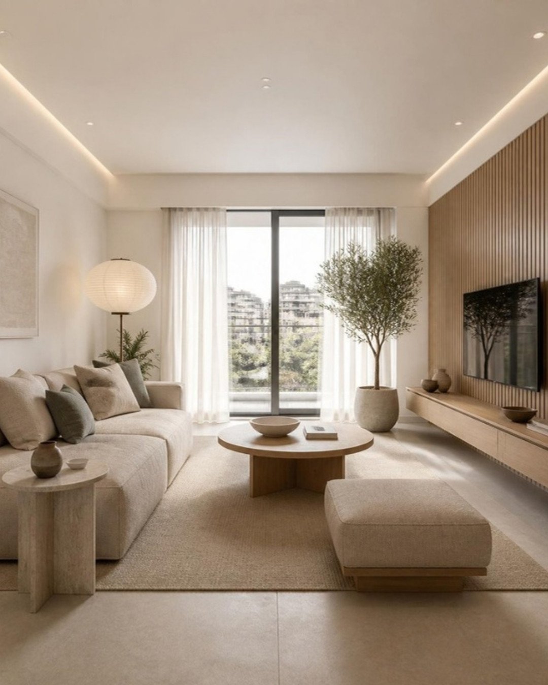 Japandi 3BHK living room interior design for a Bangalore apartment by ModScale Interiors