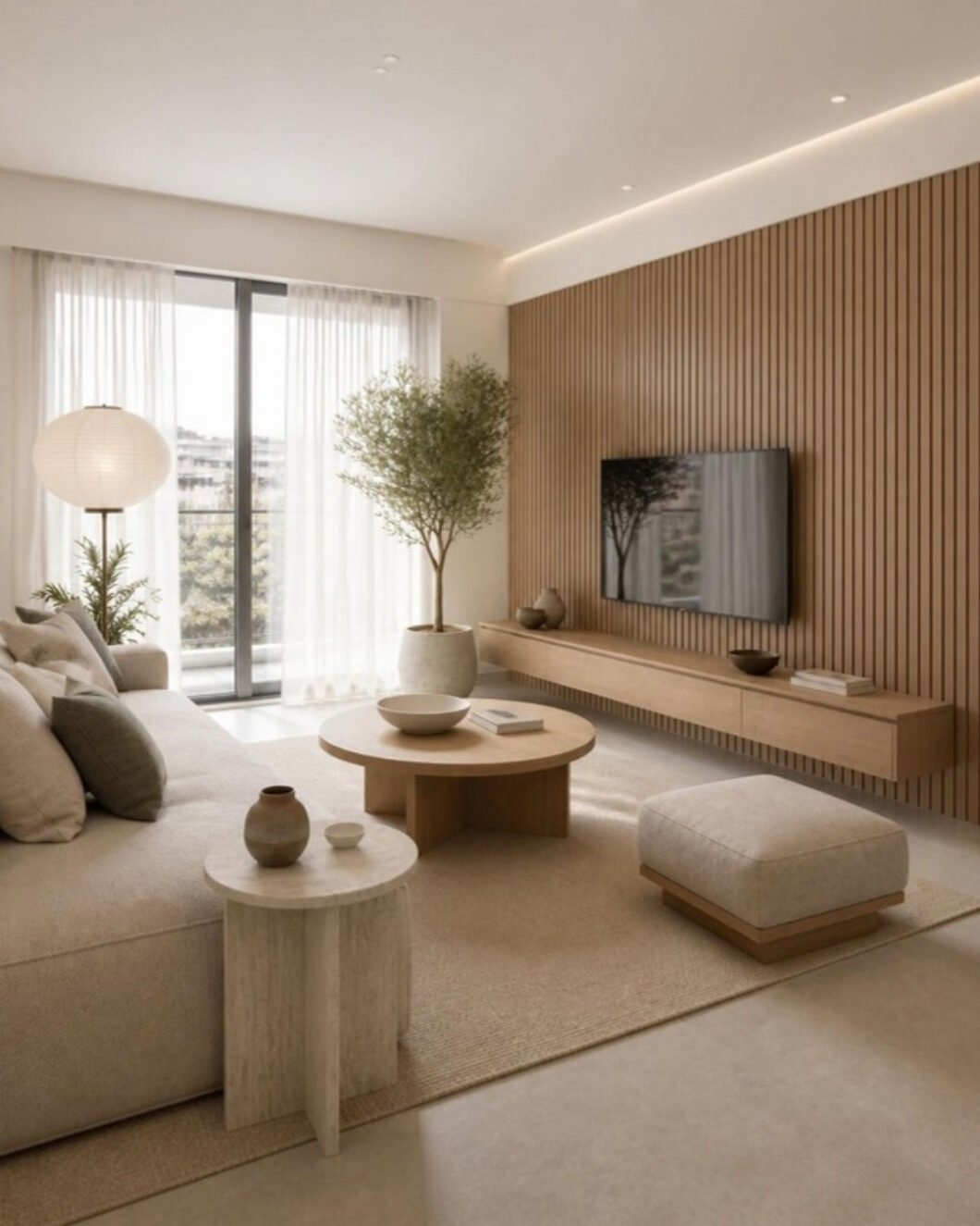 Japandi 3BHK living room – second view interior design concept for a Bangalore apartment by ModScale Interiors