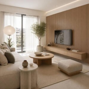 Japandi 3BHK living room – second view interior design concept for a Bangalore apartment by ModScale Interiors