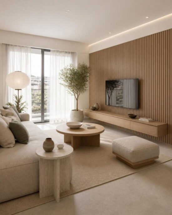 Japandi 3BHK living room – second view interior design concept for a Bangalore apartment by ModScale Interiors