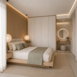 Japandi 3BHK master wardrobe and dressing interior design concept for a Bangalore apartment by ModScale Interiors