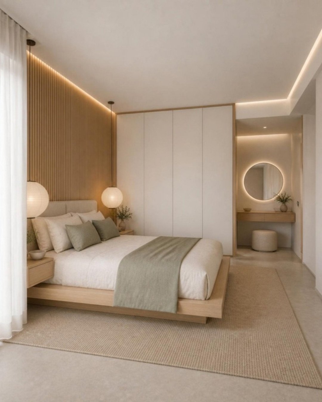 Japandi 3BHK master wardrobe and dressing interior design concept for a Bangalore apartment by ModScale Interiors